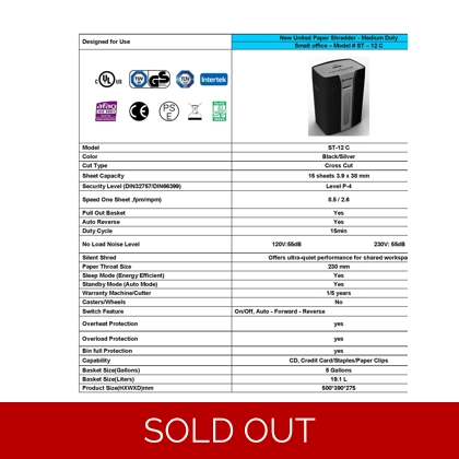 NEW UNITED PAPER SHREDDER ST-12C